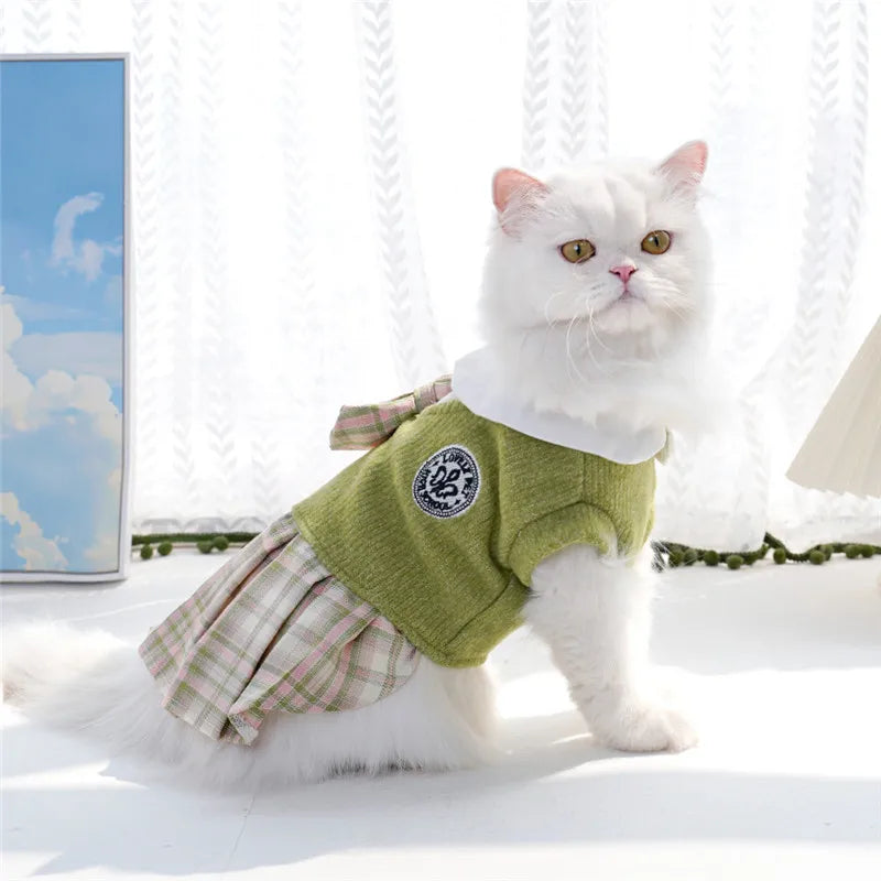 Knitted dog dress with a plaid skirt for everyday outings