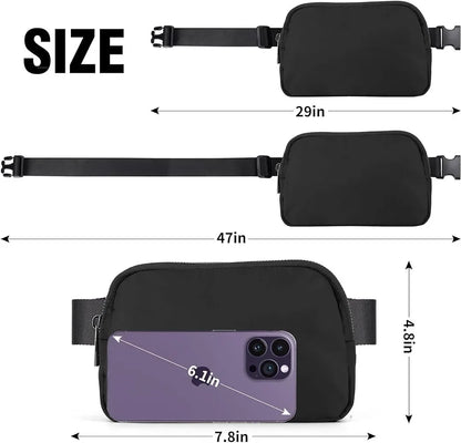 Black waterproof crossbody bag with an adjustable strap and zip closure for running and yoga.
