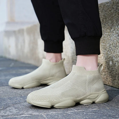 Beige knit fabric slip-on shoes with a cushioned sole for daily casual walking.