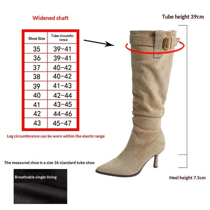 Beige suede knee-high boot with pointed toe, thin heel, buckle strap, and size chart with measurements.