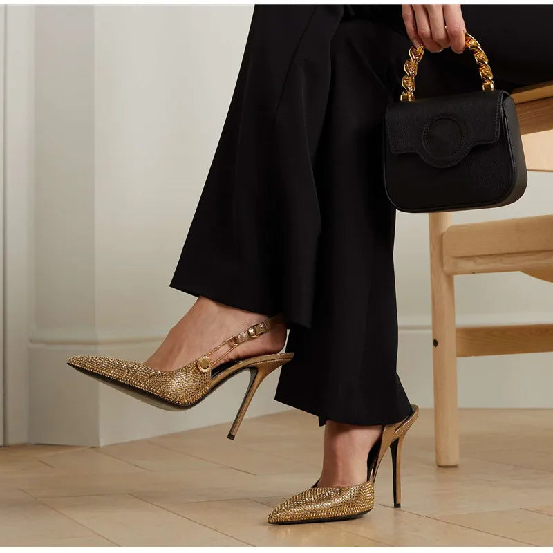 Sequined Slingback Pumps with Rhinestone Buckle for Women featuring Slim 9.6 cm Heel