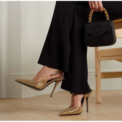 Sequined Slingback Pumps with Rhinestone Buckle for Women featuring Slim 9.6 cm Heel