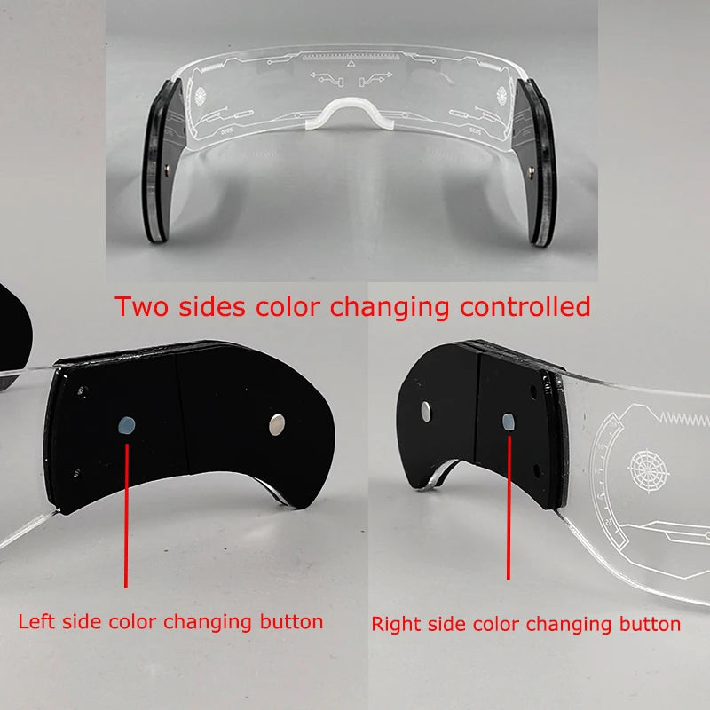 festival glasses featuring dual side buttons for lighting control and engraved clear visor panels