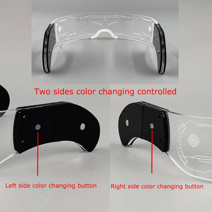 festival glasses featuring dual side buttons for lighting control and engraved clear visor panels