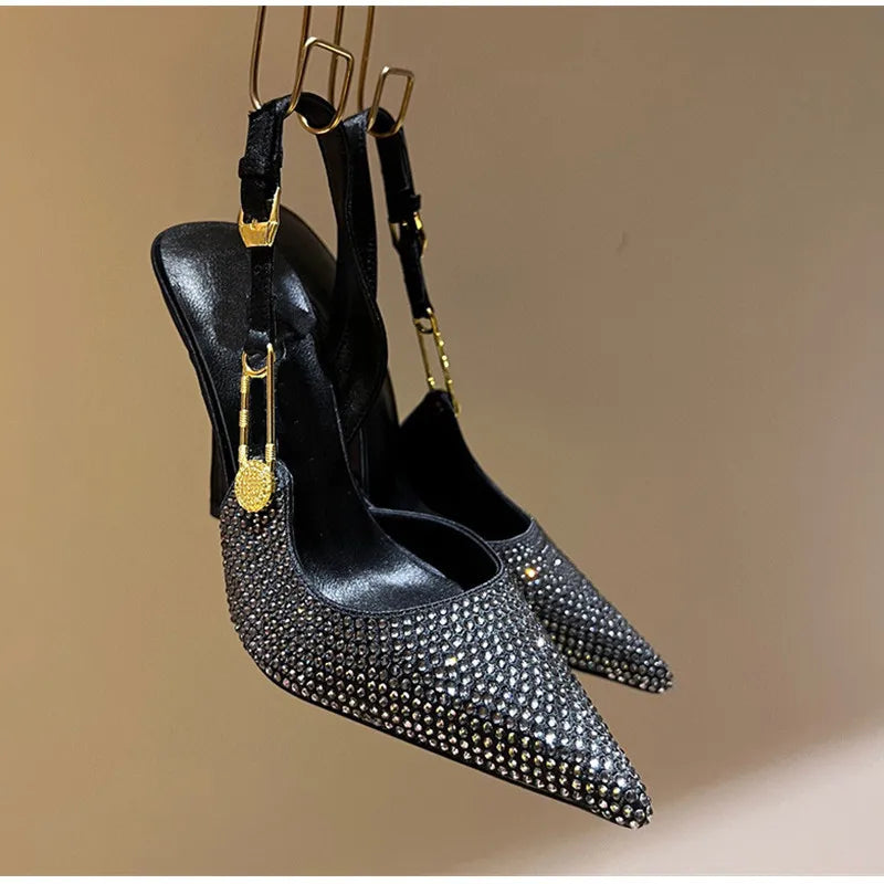 Sequined Slingback Pumps with Rhinestone Buckle for Women featuring Slim 9.6 cm Heel