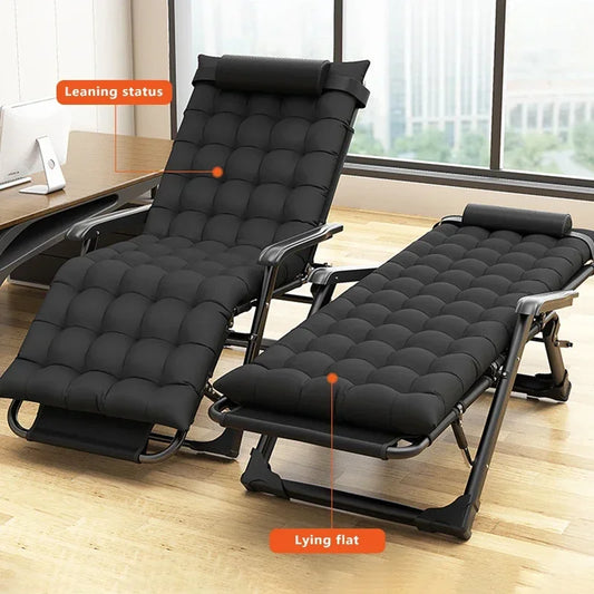 Two black padded folding reclining chairs shown in leaning and lying flat positions indoors.