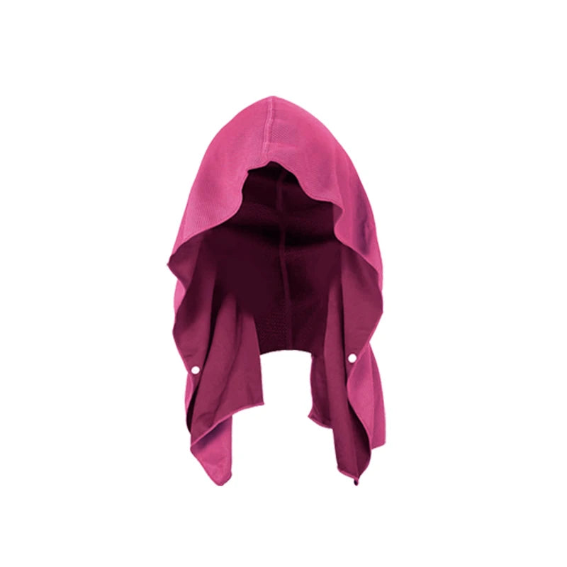 Dark pink breathable sports cooling hoodie towel with snap buttons for gym workouts.