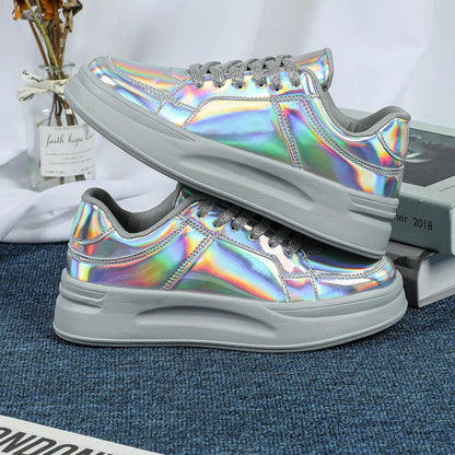 Holographic metallic casual sneakers with thick grey soles and matching laces.