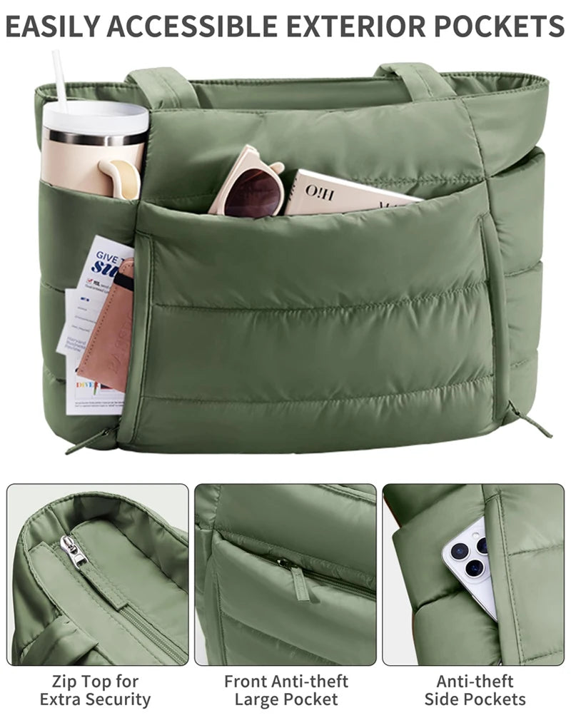 Sage green quilted polyester multi-pocket tote bag with zip closure for travel and work organization.
