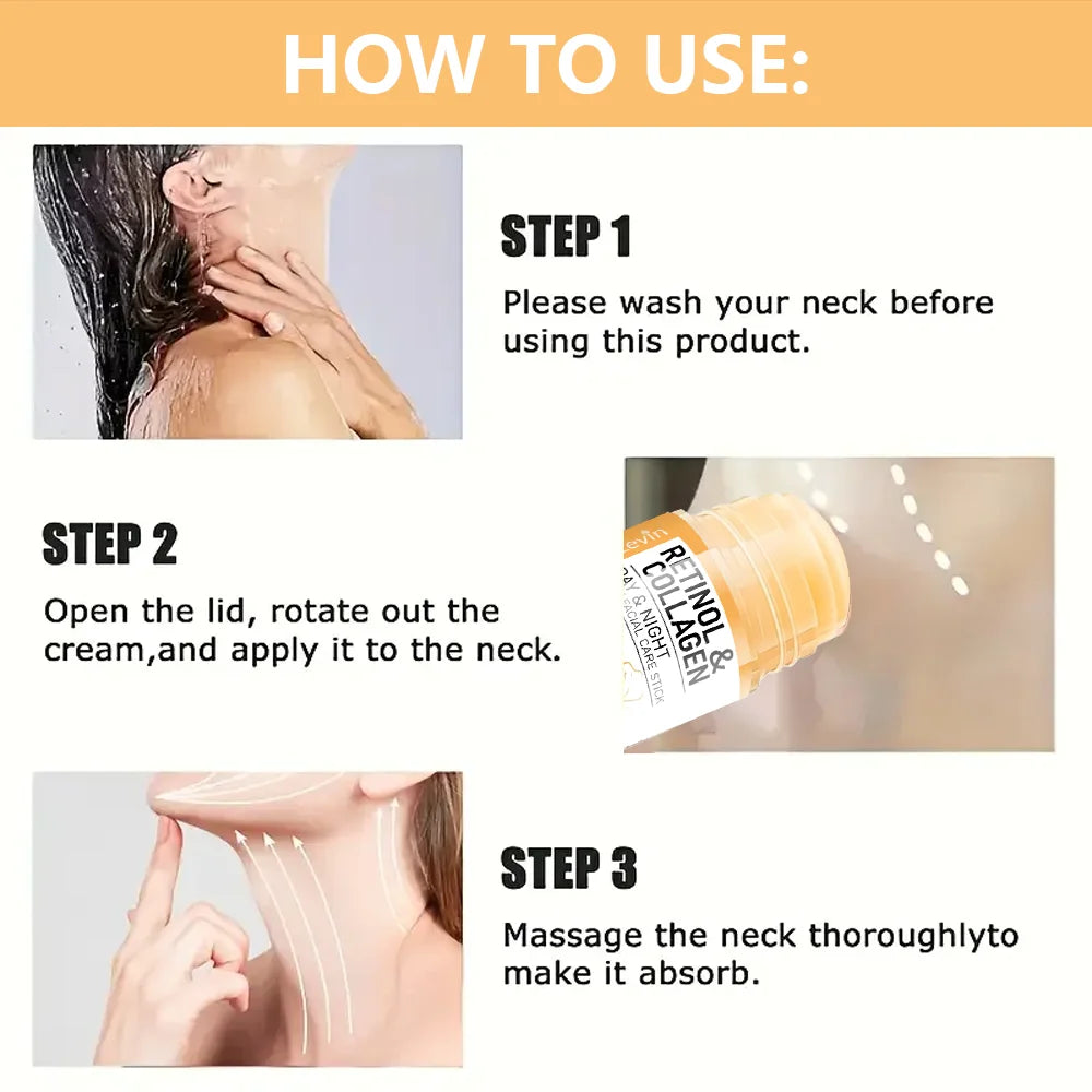 Instructions showing three steps to apply Retinol and Collagen face and neck cream.