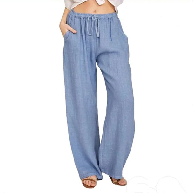 Women's wide-leg cotton-linen pants with drawstring waist