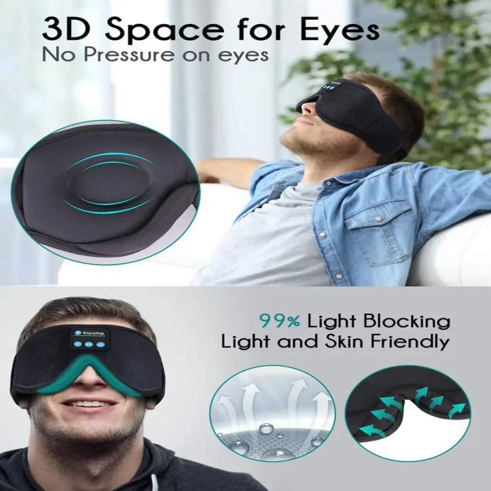 Black wireless Bluetooth sleep eye mask with 3D eye contours and built-in control panel.