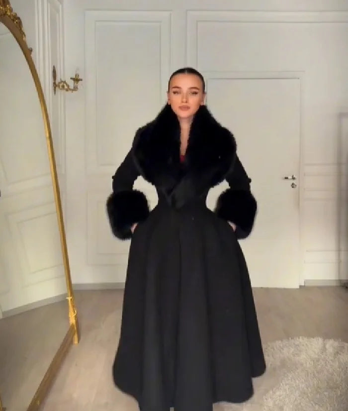 Women's wool-blend maxi coat with faux fur collar and cuffs