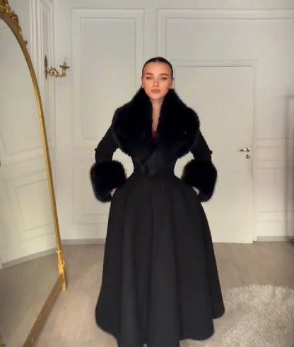 Women's wool-blend maxi coat with faux fur collar and cuffs