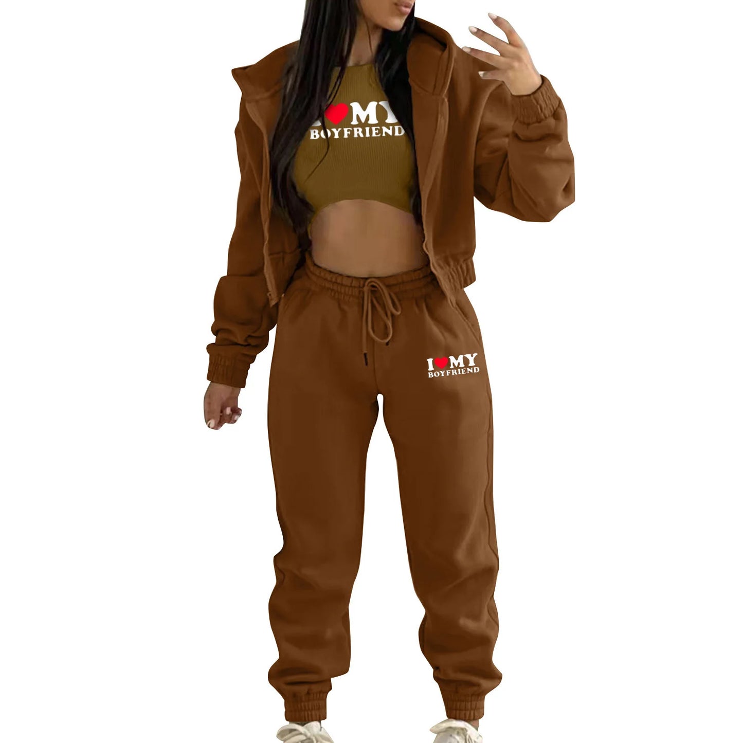 Brown knit hooded sweater set with letter print and relaxed fit for lounging.