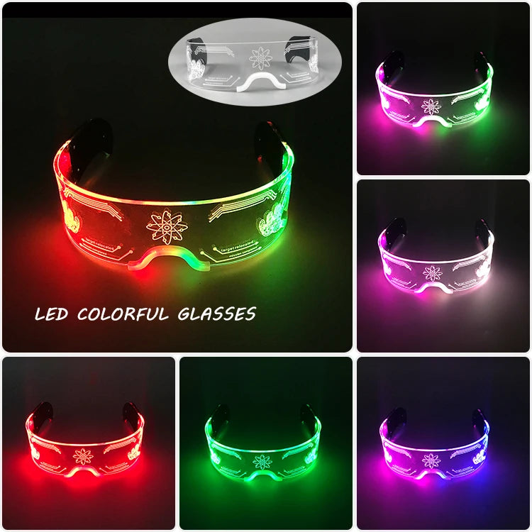 LED festival glasses with light-up illumination and etched science patterns