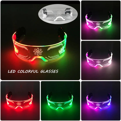 LED festival glasses with light-up illumination and etched science patterns