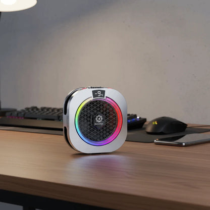 Silver mobile phone cooler with LED ring, AI temperature display, and high-power fan for gaming to prevent overheating.