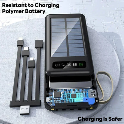 Solar Power Bank 20000mAh - Portable Fast Charging Outdoor Power Bank with Removable Cable