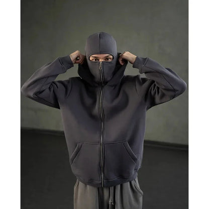 Unisex Cotton Blend Zip Hoodie With Built-In Hooded Face Mask For Cold Weather And Everyday Wear