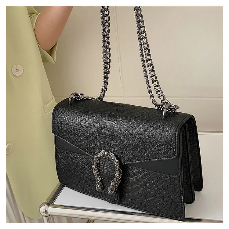 Retro Crossbody Bag with Snake Pattern Square Silhouette for Women