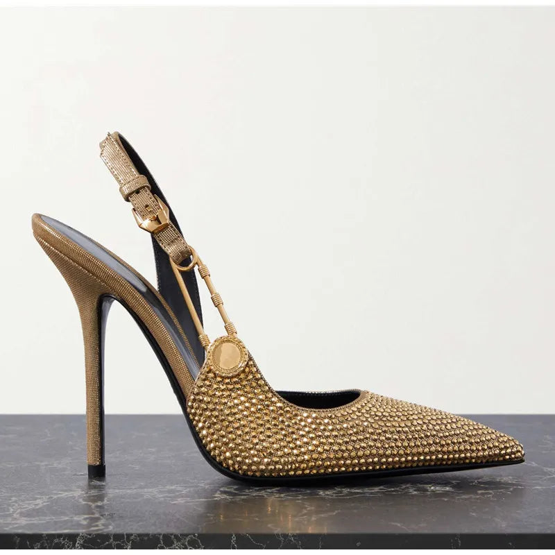 Sequined Slingback Pumps with Rhinestone Buckle for Women featuring Slim 9.6 cm Heel