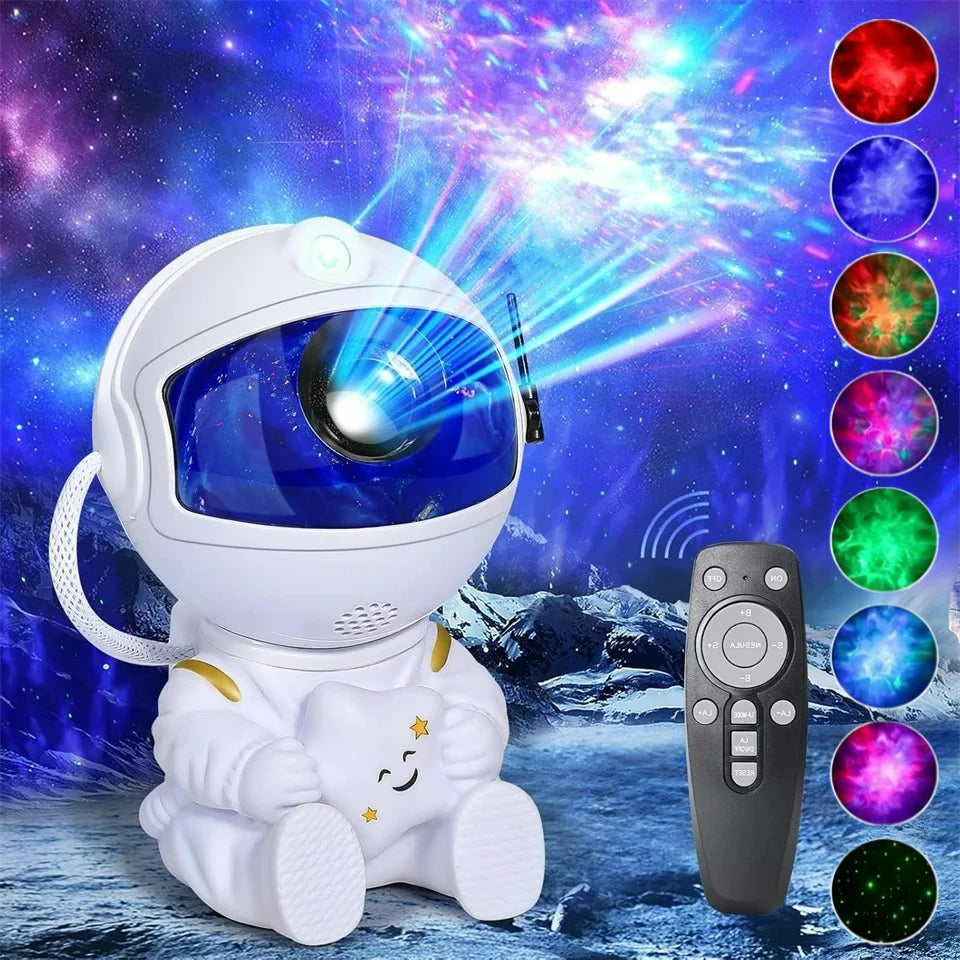 White astronaut-shaped LED ceiling lamp with remote to project colorful galaxy patterns for bedroom relaxation.