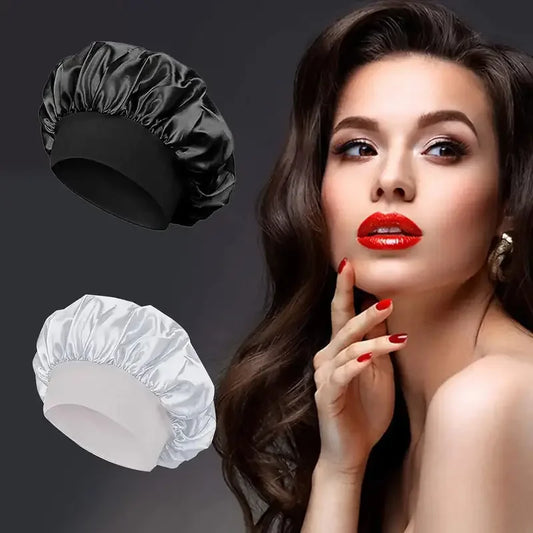Women Satin Bonnet Wide Band Elastic Sleep Cap Hair Care Head Wrap Beauty Spa Bathing Hat Night Sleeping Cap for Curly Long Hair
