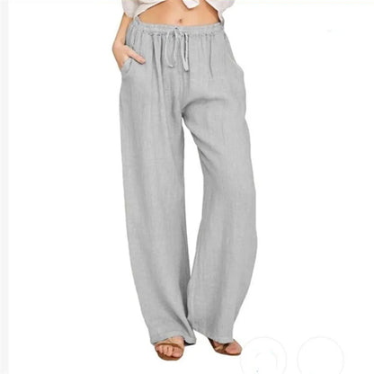 Women's wide-leg cotton-linen pants with drawstring waist