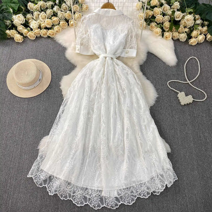 Designer Runway Lace Blazer Dress – Luxury Embroidered Long Gown for Elegant Evenings