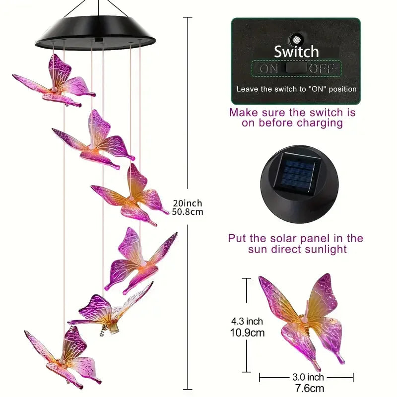 Home decor solar wind chimes with LED butterfly hanging lights and on off switch