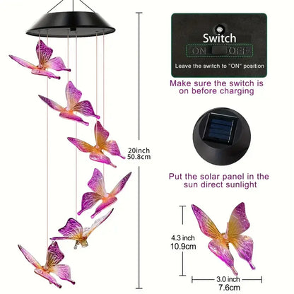 Home decor solar wind chimes with LED butterfly hanging lights and on off switch