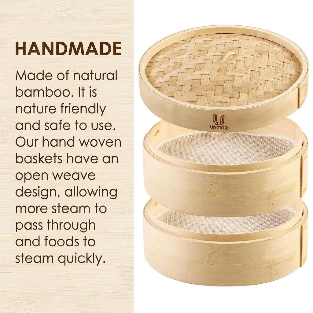 Natural bamboo two-tier dumpling steamer basket with a woven lid, featuring mesh liners in each section.