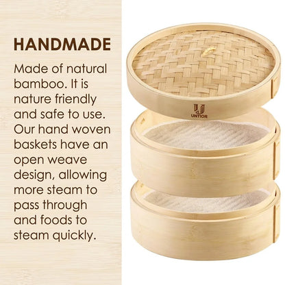 Natural bamboo two-tier dumpling steamer basket with a woven lid, featuring mesh liners in each section.