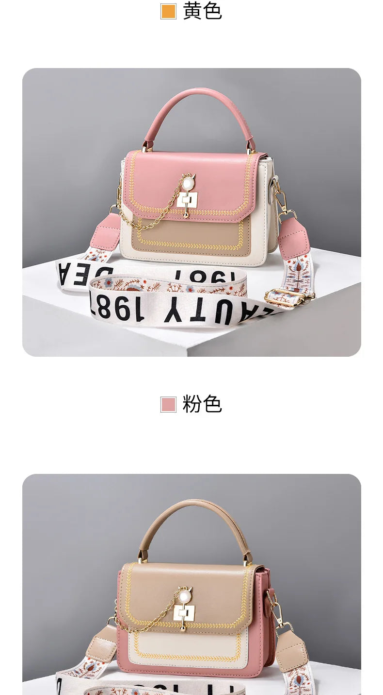 Two color-blocked leather handbags with top handles, gold hardware, decorative chain charms, and wide branded straps.