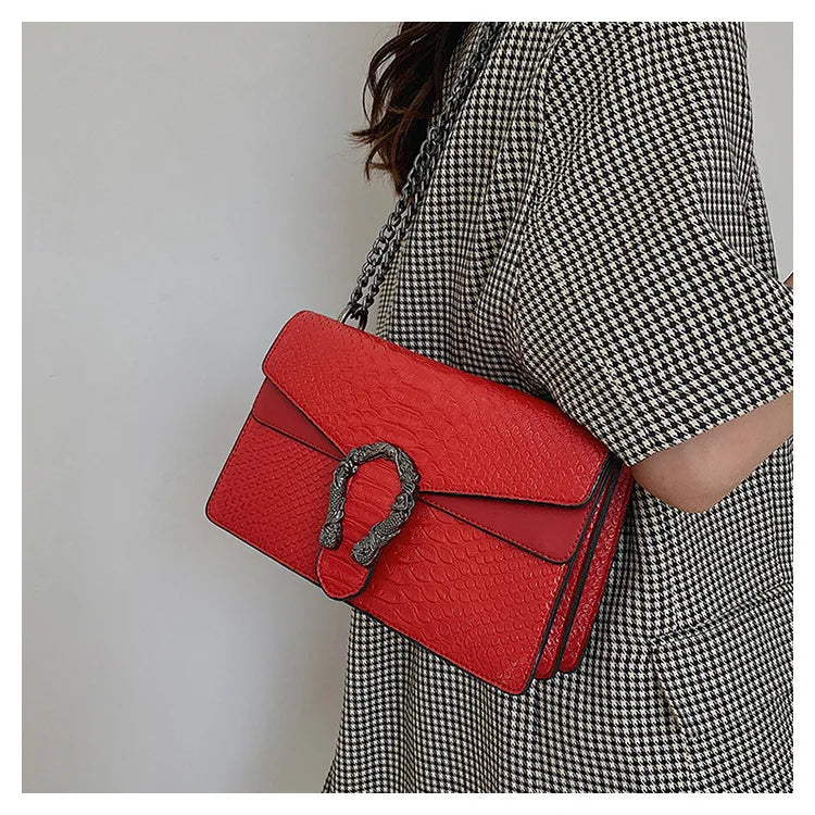 Retro Crossbody Bag with Snake Pattern Square Silhouette for Women