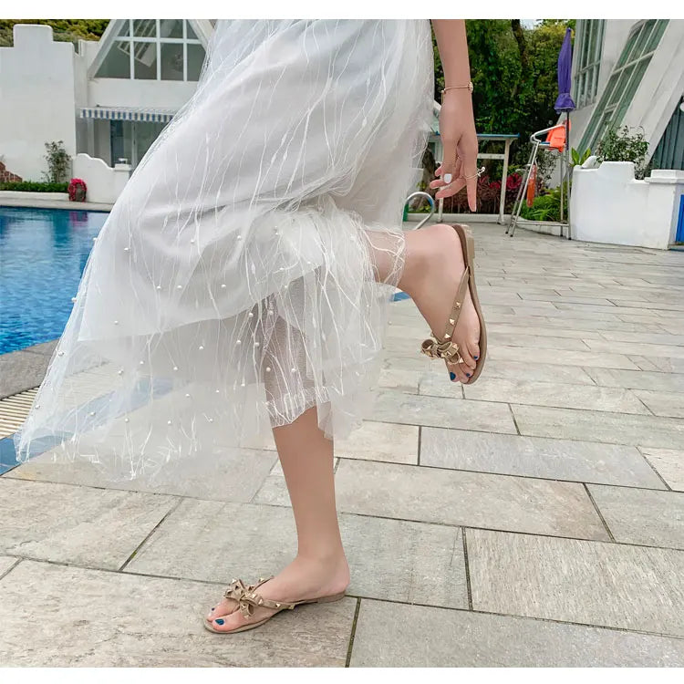 Studded Flat Bot Thong Slippers Holiday Beach Sandals Women's Jelly Slip-On oes Comfortable Casual PVC Footwear