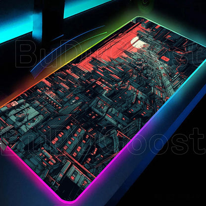 Large RGB LED gaming desk mat with city sunset print