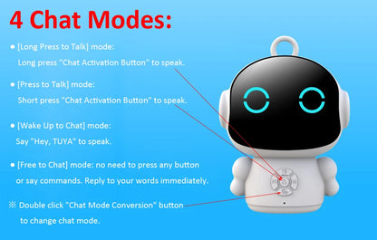 White plastic educational robot toy with black screen, glowing blue eyes, and buttons for interactive learning games.