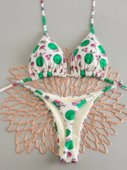 Women's Triangle Lace-Up Bikini Set with Adjustable Straps and Thong Bottom