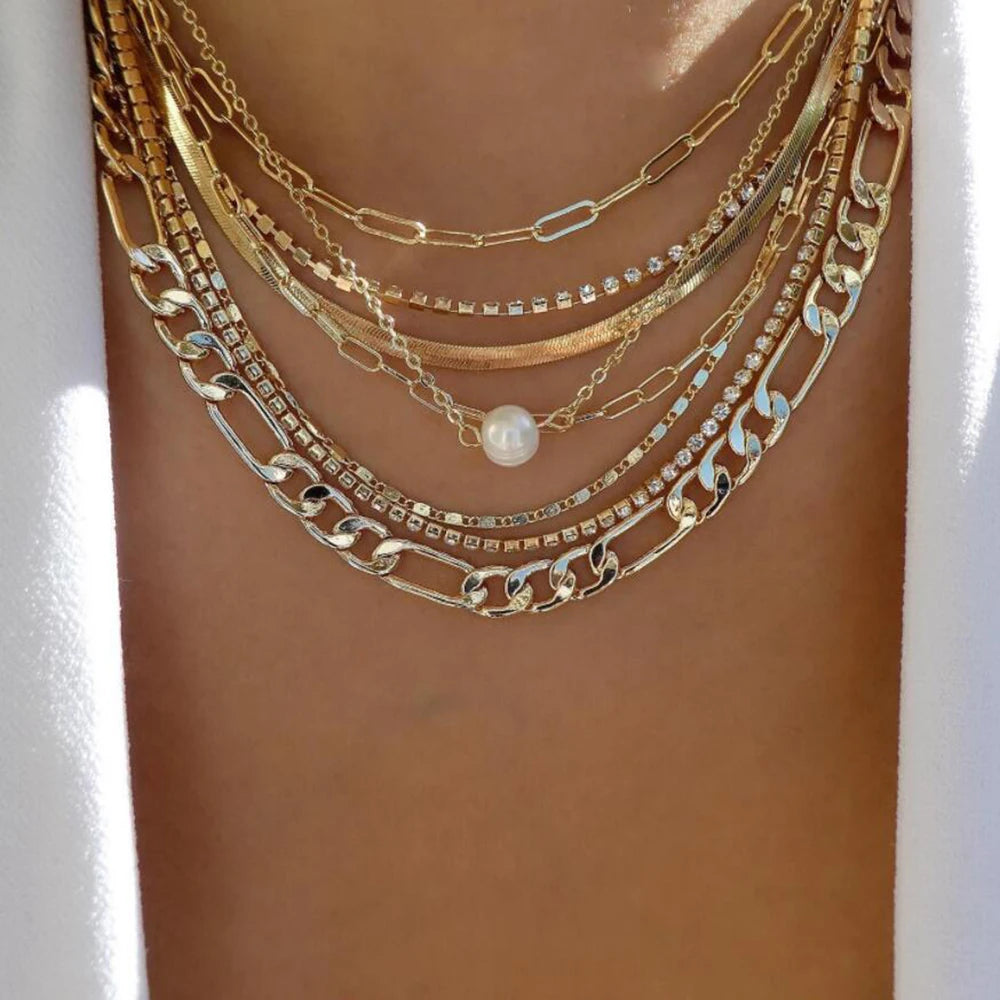 Necklace set rhinestone crystal layered pendant necklace with chains and pearl charm