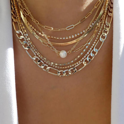 Necklace set rhinestone crystal layered pendant necklace with chains and pearl charm