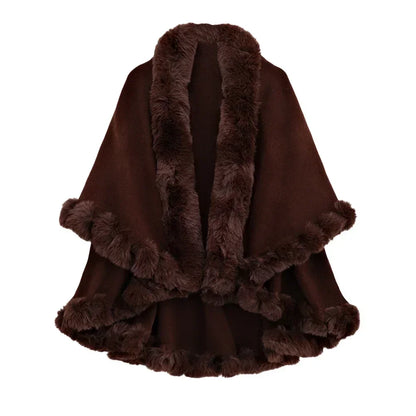 Double Layer Faux Fur Trim Womens Knitted Poncho Shawl Warm Cape Multiple Colors Ideal for Fall and Winter Daily and Formal Wear