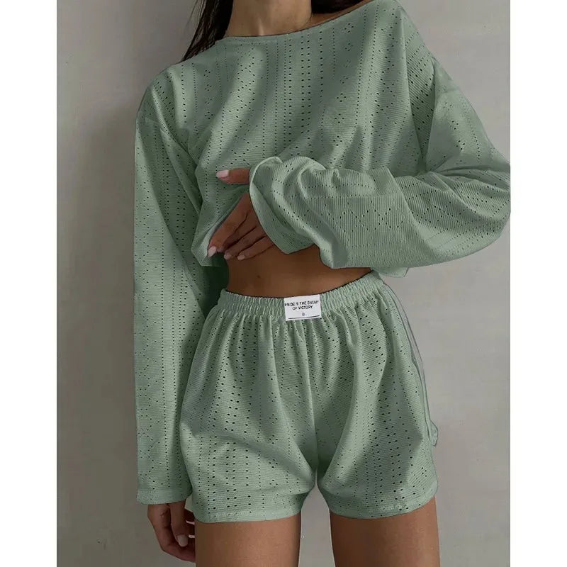 Soft Two-Piece Pajama Set with Long Sleeve Top and Shorts for Women