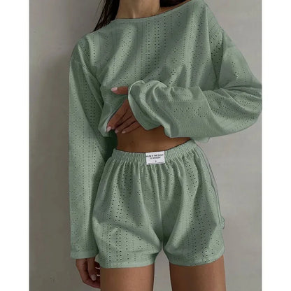 Soft Two-Piece Pajama Set with Long Sleeve Top and Shorts for Women