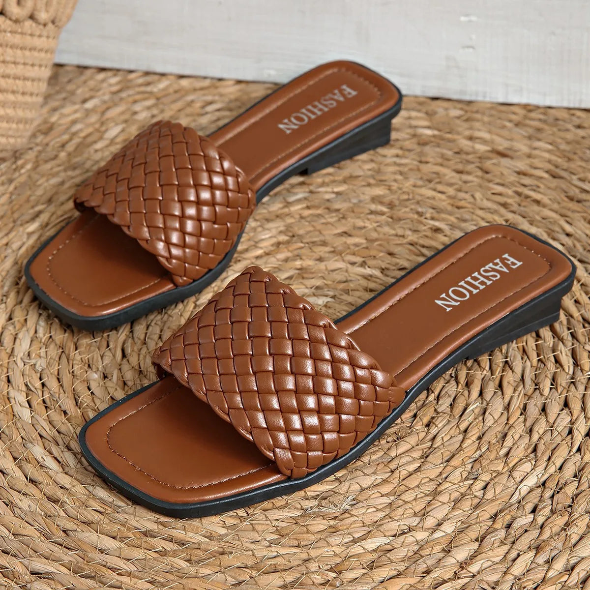 Women's PU Sandals With Woven Strap And Low Wedge Heel And Textured Rubber Outsole