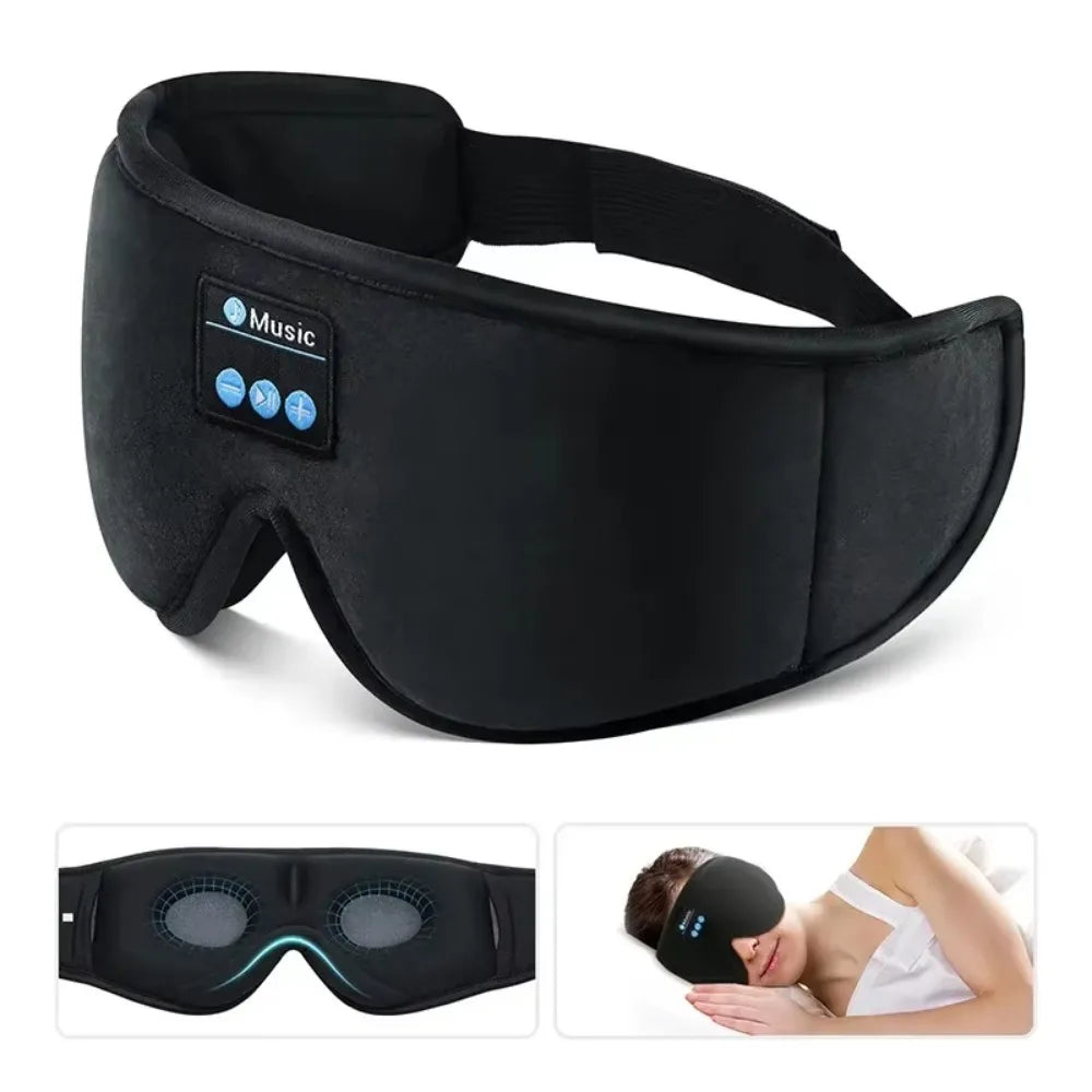 Black 3D sleep eye mask with Bluetooth controls and built-in speakers.