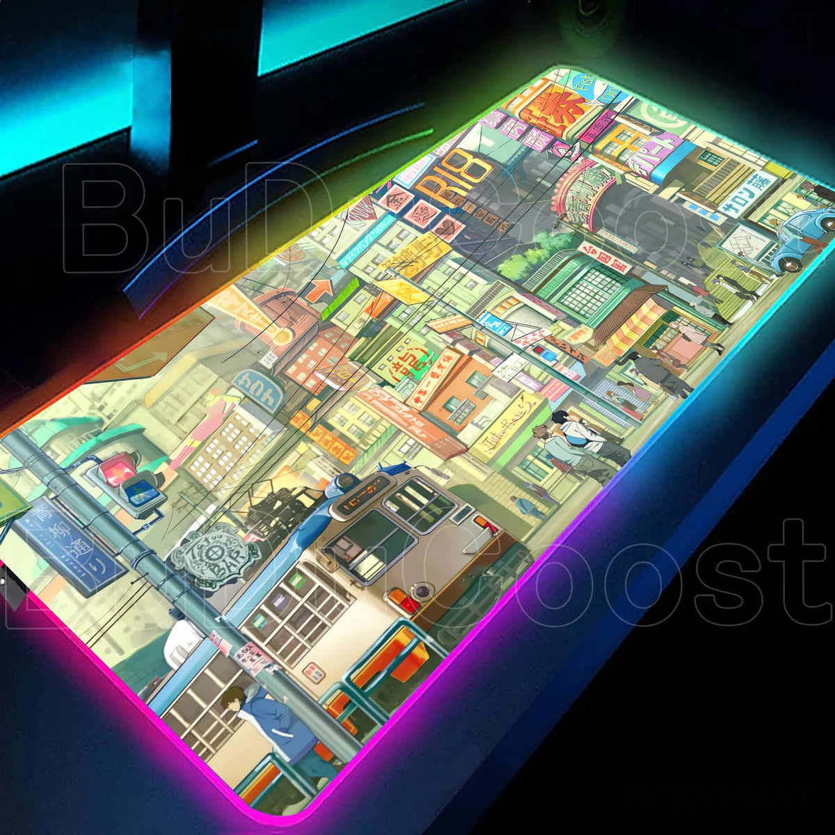 Large RGB LED gaming desk mat with city sunset print