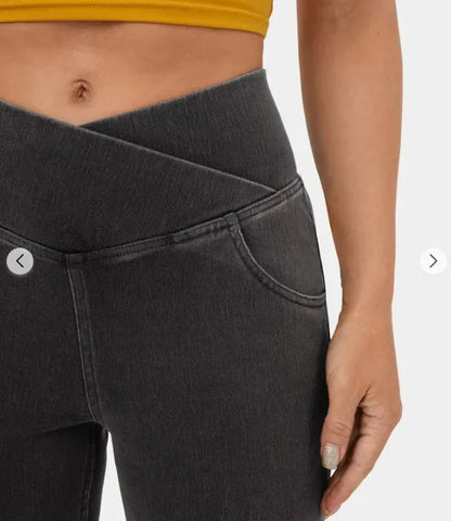 Stretch Pants High Waisted Crossover Flare with Bootcut Silhouette