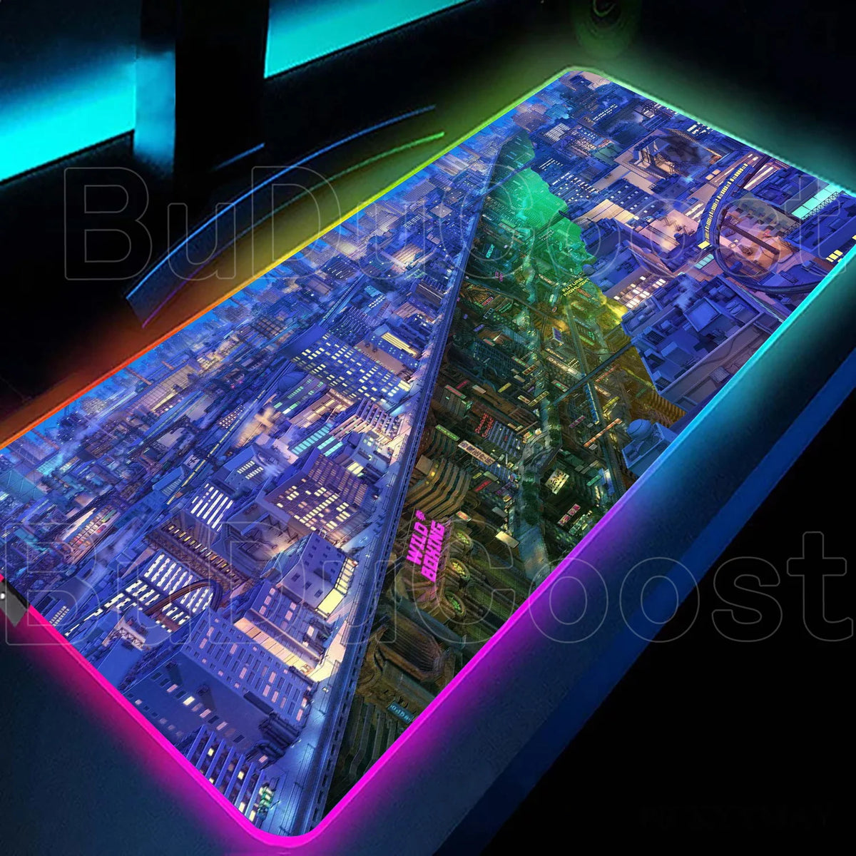 Large RGB LED gaming desk mat with city sunset print